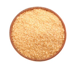 Bowl with brown sugar isolated on white, top view