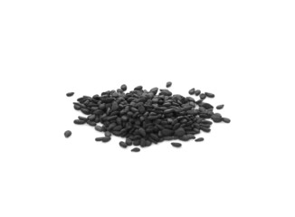Heap of black sesame seeds on white background