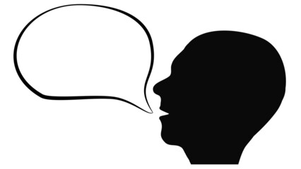 Silhouette of human head with contour empty speech bubble from mouth isolated on white background. Design element.