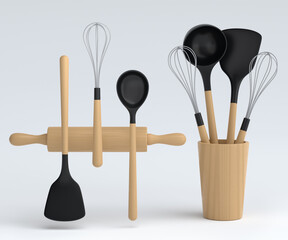 Wooden kitchen utensils, tools and equipment on white background.