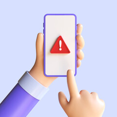 Hand holding phone with attention alert sign, red hazard with exclamation mark symbol, mobile fraud warning, online scam alert, important message. 3d rendering - obrazy, fototapety, plakaty