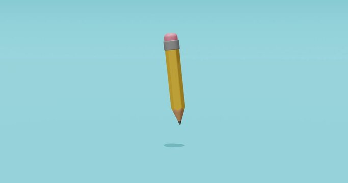 A simple pencil with an eraser rotates around its axis in the air. Yellow pencil with shadow on a blue background. Stationery. Office, school supplies. 3D high-quality video. Loopy animation.