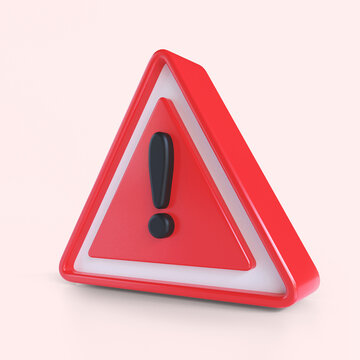 Attention alert sign, red hazard with exclamation mark symbol, mobile fraud warning, online scam alert, important message. 3d rendering