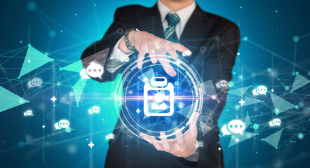 Businessman holdig business icons concept