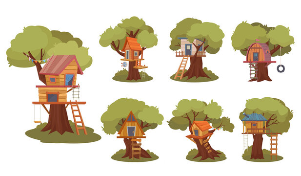 house on tree. wooden attraction park game place for active kids. Vector cartoon pictures of outdoor playground