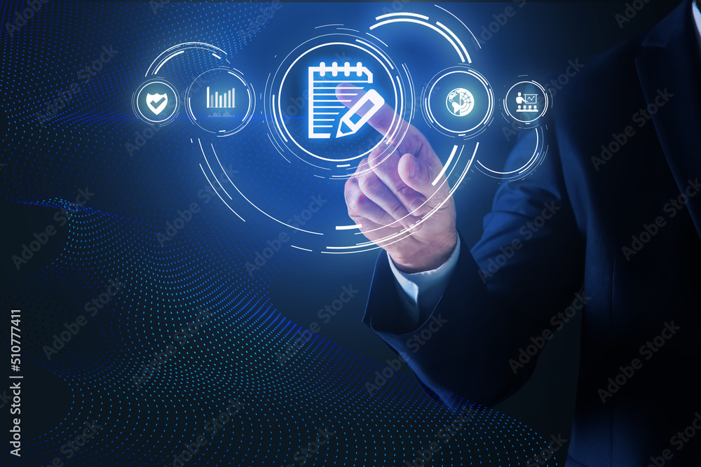 Poster man pointing at virtual icon of computer file on dark blue background, closeup