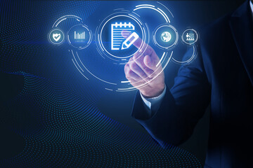 Man pointing at virtual icon of computer file on dark blue background, closeup