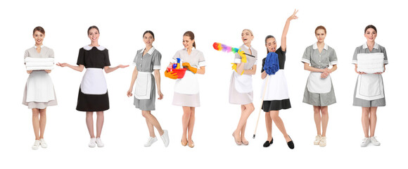 Obraz premium Collage with photos of chambermaids on white background. Banner design