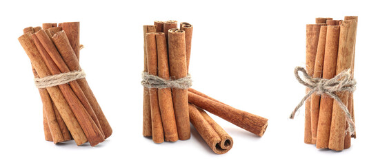 Set with aromatic cinnamon sticks on white background. Banner design