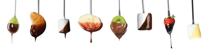 Fondue forks with tasty fruits and marshmallows dipped into chocolate on white background, collage. Banner design