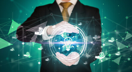 Businessman holdig business icons concept