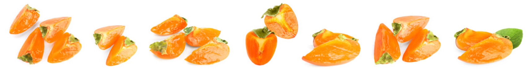 Set with sweet ripe persimmons on white background. Banner design