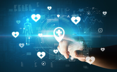 Doctor hand pressing futuristic health device with medical symbol on screen