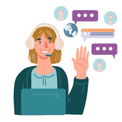 Online support and technical assistance service operator, online technical support female hotline adviser, flat vector illustration isolated on white background.
