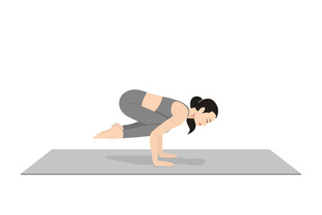 Pendant Pose. Beautiful girl practice Lolasana, Utpluthi. Young attractive woman practicing yoga exercise. working out, black wearing sportswear, grey pants and top, indoor full length, calmness