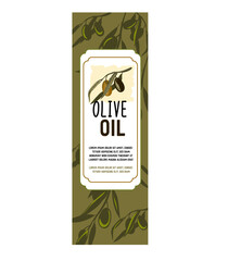 Olive oil bottle label or badge hand drawn vector illustration with olive plant elements.