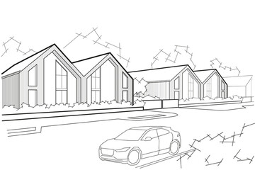 Linear architectural sketch town street with blocked houses