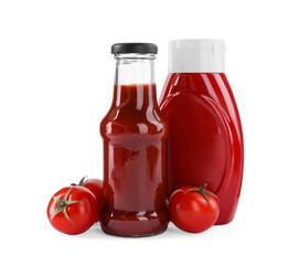 Different bottles of tasty ketchup and fresh tomatoes isolated on white