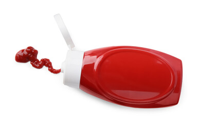 Bottle of tasty ketchup and stain isolated on white, top view