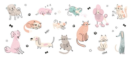 Doodle adorable pets. Cute dog portrait, pretty kitten relax different poses. Cats and dogs, cartoon drawing puppies. Isolated nowaday animals vector set - obrazy, fototapety, plakaty