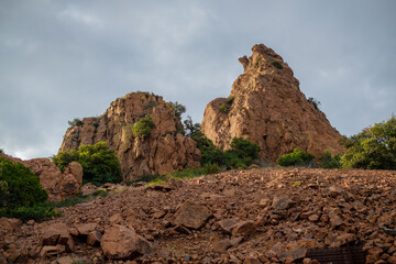 Nature reserve coastline of Provence around Saint Raphael near Cannes with stunning views and vivid vegetation in the late afternoon light.