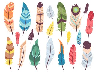 Flat color feathers. Bird feather, tribal indigenous indian decorative elements. Elegant multicolor accessory kit, plumage with geometry ornament decent vector set