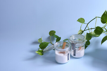  重曹・クエン酸、水色背景、植物