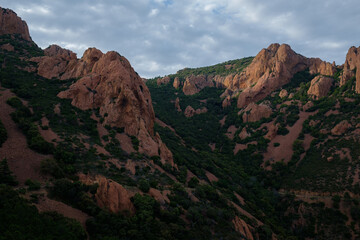 Nature reserve coastline of Provence around Saint Raphael near Cannes with stunning views and vivid vegetation in the late afternoon light.