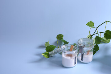  重曹・クエン酸、水色背景、植物