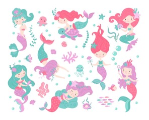 Cartoon mermaids set. Mermaid girl and fish, cute birthday funny characters. Little underwater princess, isolated marine kids nowaday vector kit