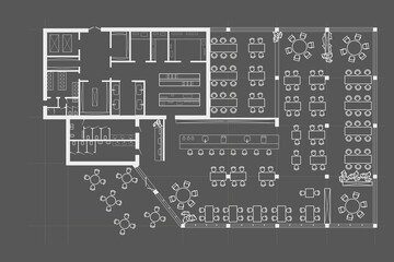 Linear technical sketch restaurant with bar and kitchen zone plan on gray background