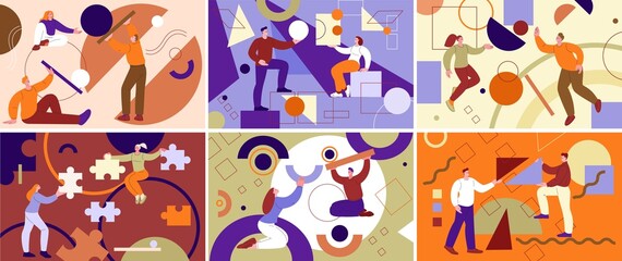 Collaborative business management. Employees collaboration, cartoon people collect geometric shapes. Teamwork and support kicky vector metaphor