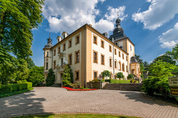 A late-baroque palace from the 17th/18th centuries with the sanctuary of Saint Jack. Kamień Śląski, Opole Voivodeship, Poland.