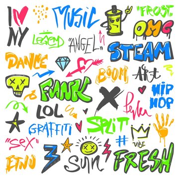 Street graffiti. Urban walls spray graphics, funny scratched elements and letters. Scribble and doodle phrases, ink prints and marker tags neoteric vector kit