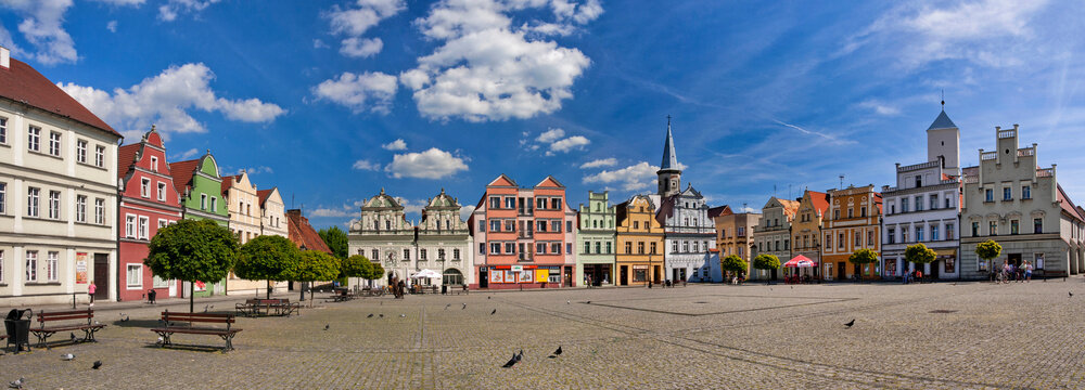 Market square in town Bytom Odrzanski, panorama, Lubusz voivodeship, Poland. Bytom Odrzanski  is a town on the Oder river in western Poland..