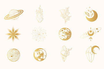 Golden celestial esoteric symbols and space bodies isolated set. Boho vector illustration for witchcraft and mystical design.