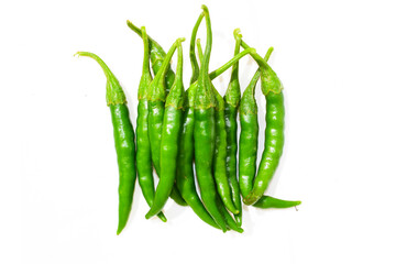Fresh green chilli peppers isolated on white background