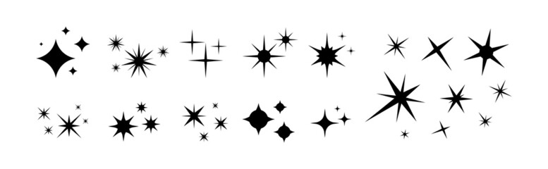 Stars sparkle compositions. Shine black stars stencil, isolated diverse sparkling elements. Sky objects, blink vector signs clipart - obrazy, fototapety, plakaty