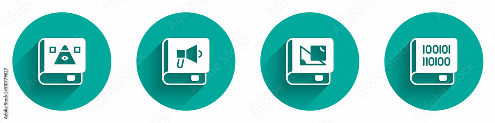 Aufkleber set ancient magic book, book, about geometry and books programming icon with long shadow. vector
