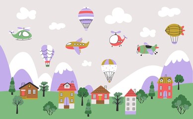 Fototapeta premium Kids airplanes landscape. Airplane and hot air balloons flying in sky. Cute children background with cartoon aurcraft, houses and mountains, nowaday vector scene