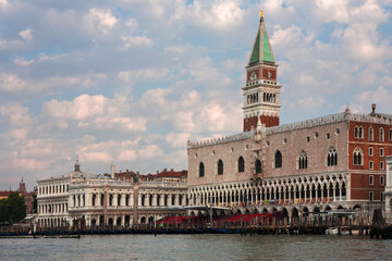Fototapeta na wymiar The classic approach to Venice by sea: the Campanile di San Marco, Piazzetta di San Marco and the Doge's Palace from the Bacino di San Marco, Venice, Italy