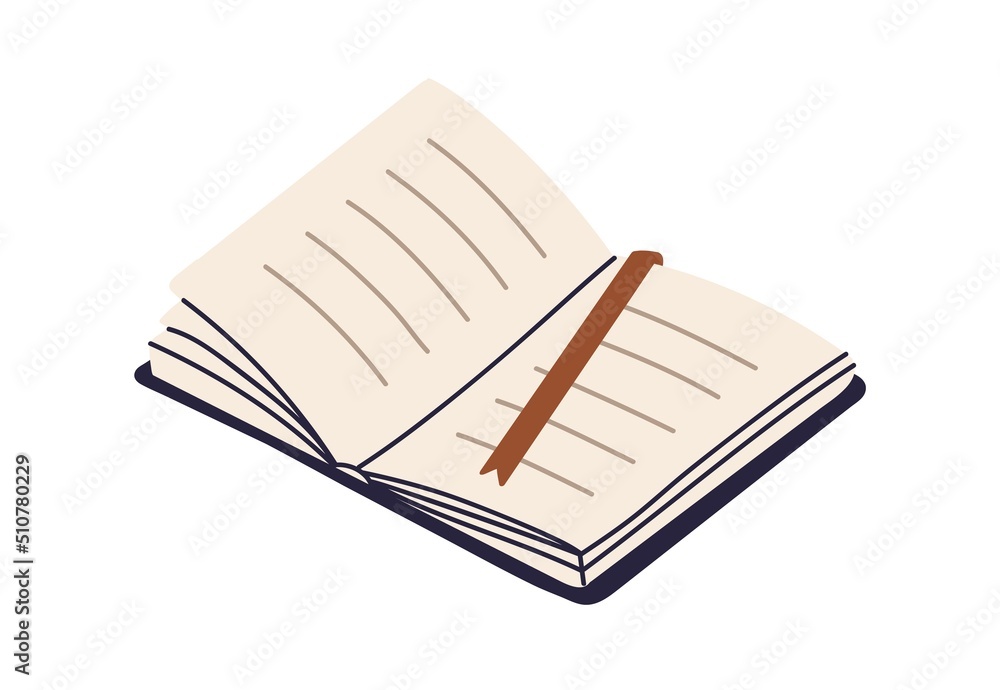 Poster open book with ribbon bookmark. paper literature. abstract text lines on notebooks pages. academic t