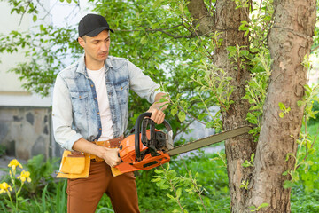Obraz premium Man cutting a branch with chainsaw