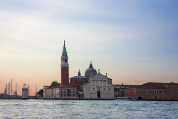 The Chiesa di San Giorgio Maggiore at early morning from a yacht in the Bacino di San Marco, Venice, Italy