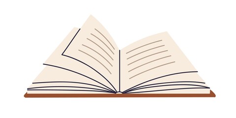 Open paper book with knowledge on pages. Academic textbook for studying, reading. Abstract literature, dictionary. Notebook in hardcover. Flat vector illustration isolated on white background