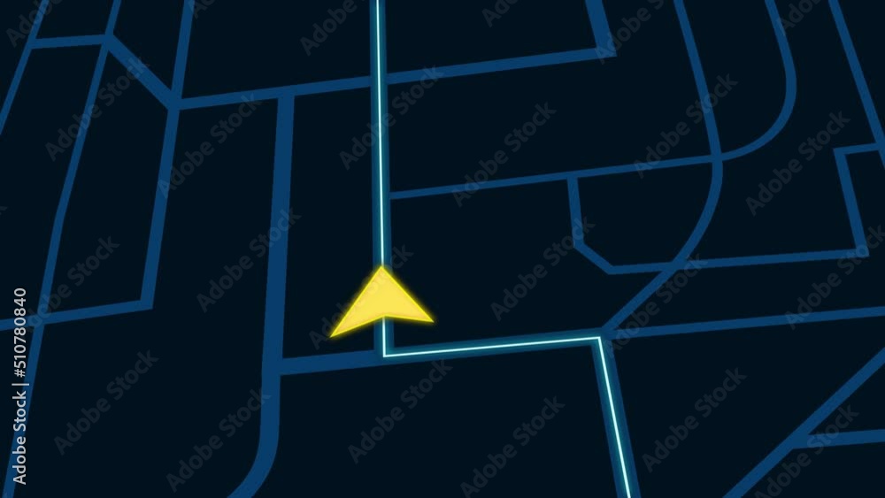 Poster navigation arrow moving on city map. blue map of the navigator with a laid path. yellow navigator ar