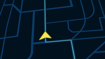 Navigation arrow moving on city map. Blue map of the navigator with a laid path. Yellow navigator arrow. neon paved path
