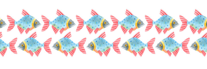 Seamless border of cartoon colored carp. Cute funny fish-carp, crucian carp. Hand-drawn watercolor illustrations isolated on a white background. Design for adhesive tape, cards, invitations, banners.
