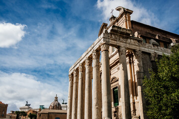 Fototapeta na wymiar View on Roman forum buildings, city square in ancient Rome, Italy