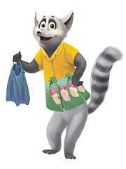 Lemur in a beach shirt and flippers in his hands